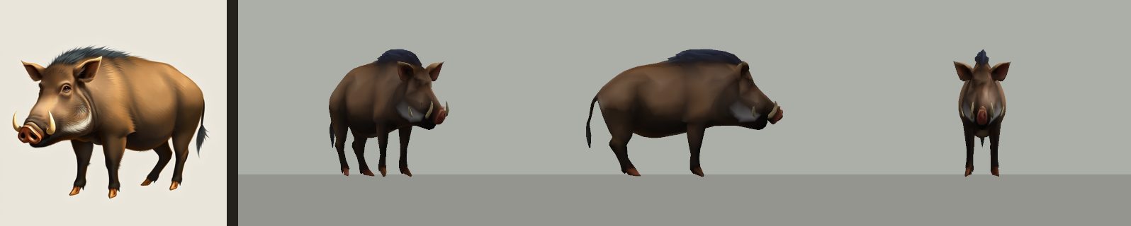 A painted bramble boar on the left; on the right the same boar as a 3-D model in the game, seen from three sides